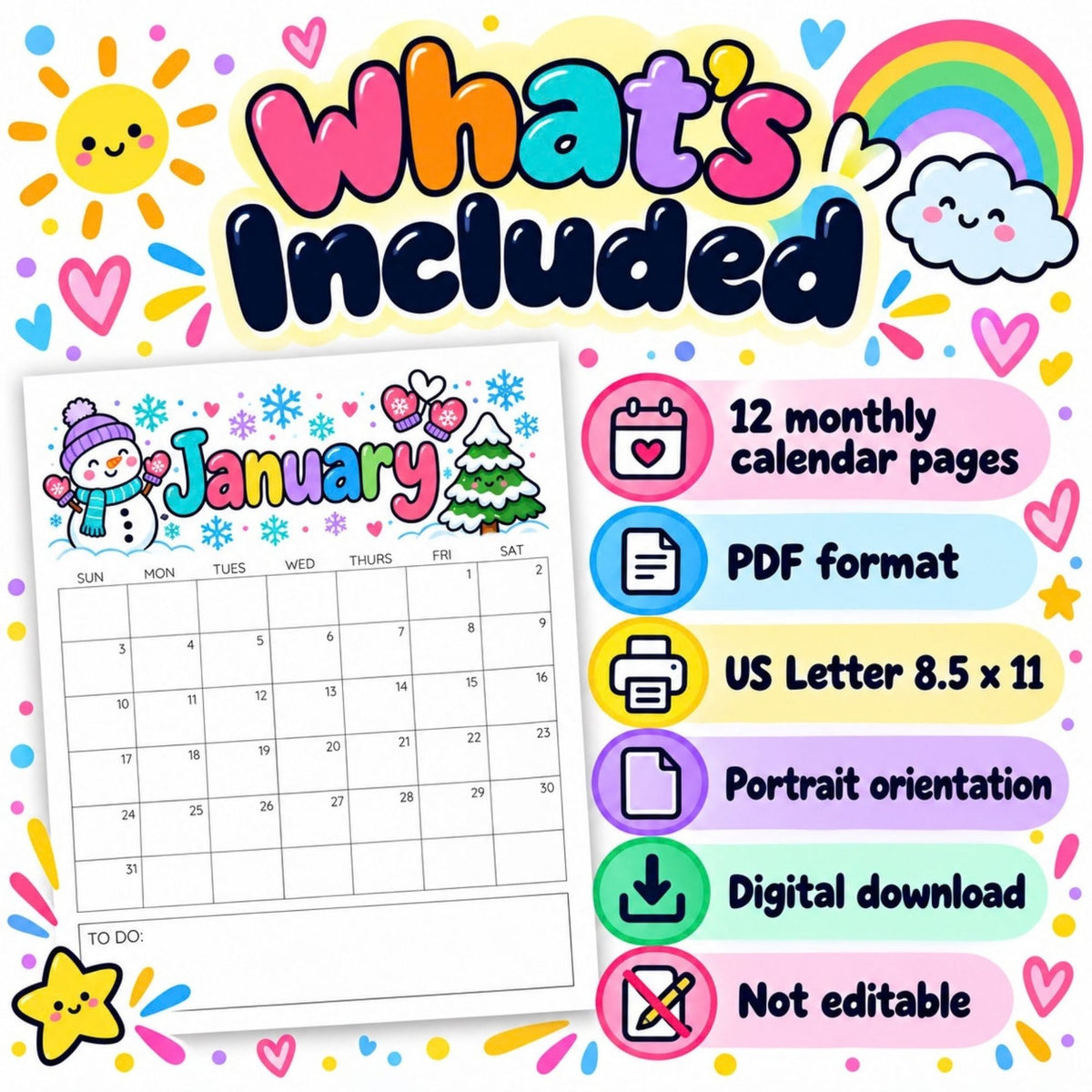 2027 Colorful Printable Calendar Bundle | 12 Seasonal Monthly Calendars