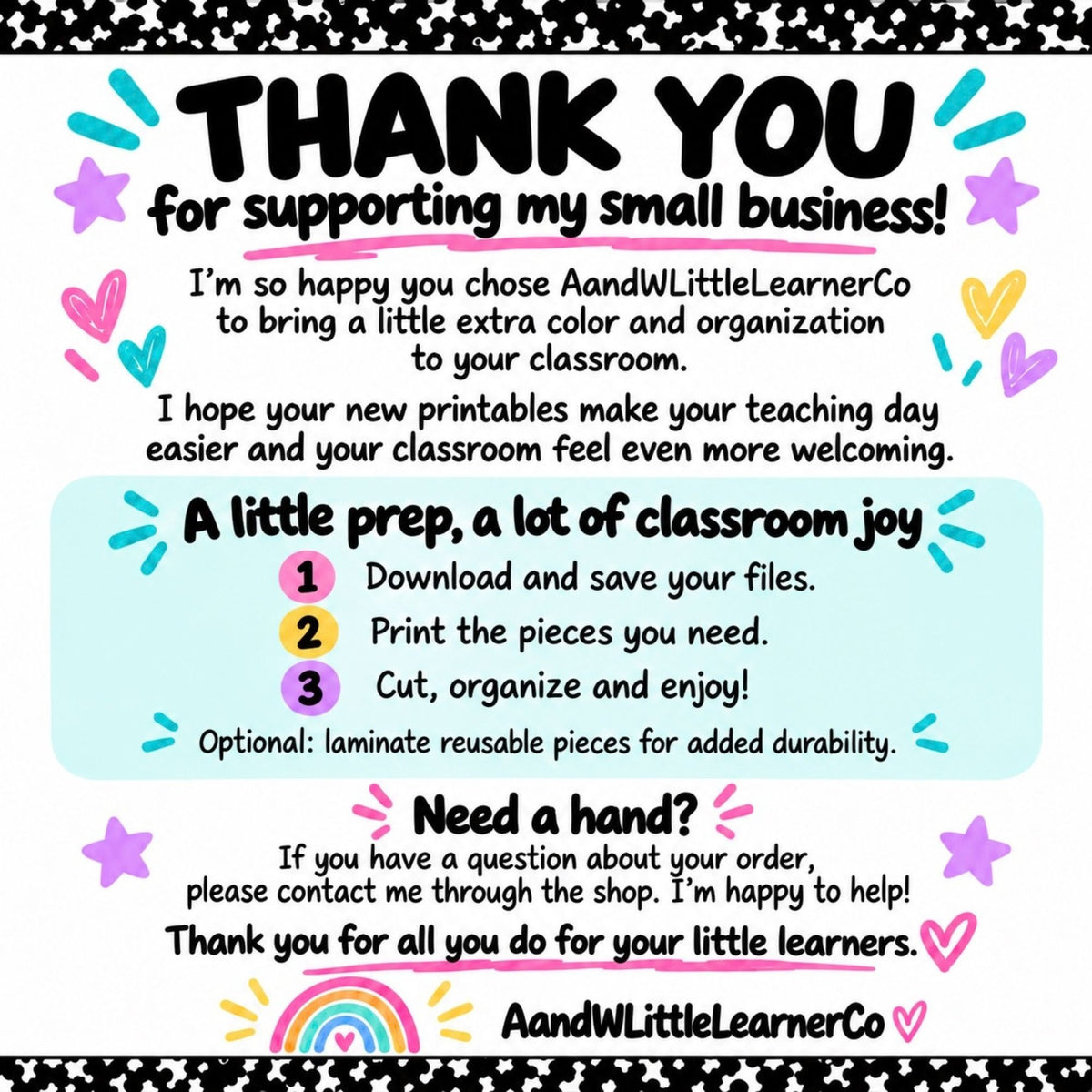 Teacher classroom organization bundle thank-you page with download and print steps