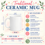A white ceramic mug shown on a decorative infographic with dimensions, key features, size guide, and care instructions. The graphic reads 'Traditional CERAMIC MUG' and includes a mug height of 3.
