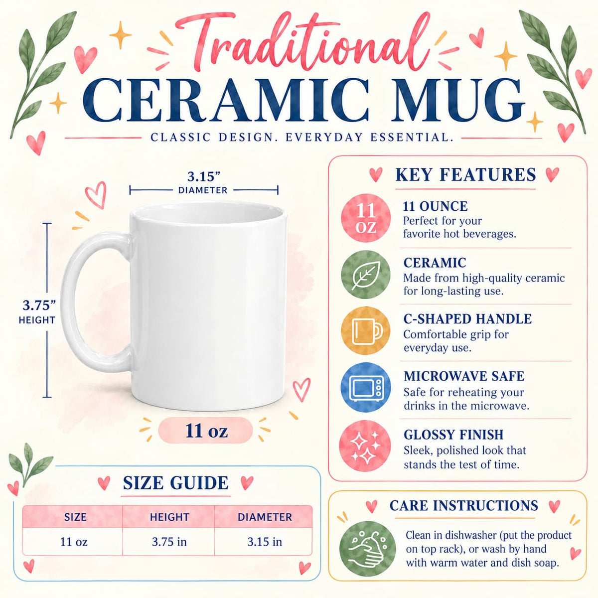 A white ceramic mug shown on a decorative infographic with dimensions, key features, size guide, and care instructions. The graphic reads 'Traditional CERAMIC MUG' and includes a mug height of 3.