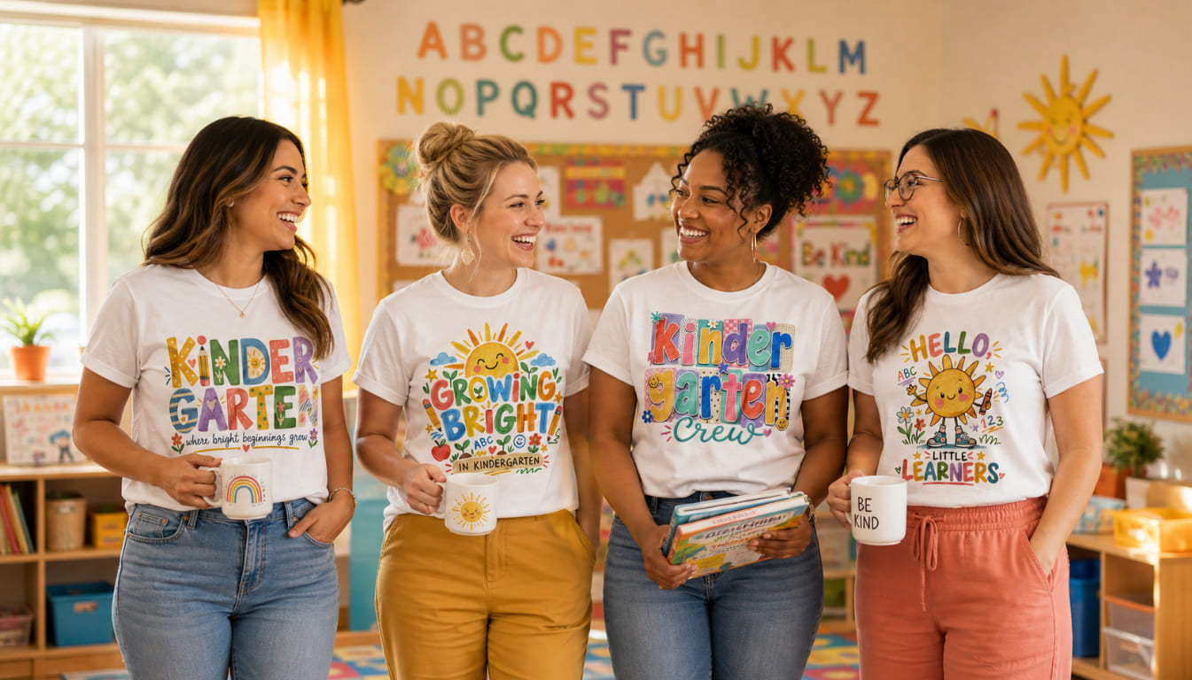 Four smiling kindergarten teachers wearing colorful graphic t-shirts in a bright classroom, holding coffee mugs and books