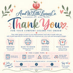 The image is a colorful thank you card from A&W Little Learner Co. It features a pink apple with a bow, surrounded by leaves and flowers, and includes text and illustrations to express gratitude for a comfortable colors tee order.