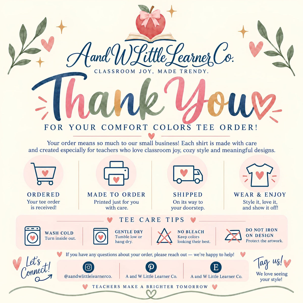 The image is a colorful thank you card from A&W Little Learner Co. It features a pink apple with a bow, surrounded by leaves and flowers, and includes text and illustrations to express gratitude for a comfortable colors tee order.