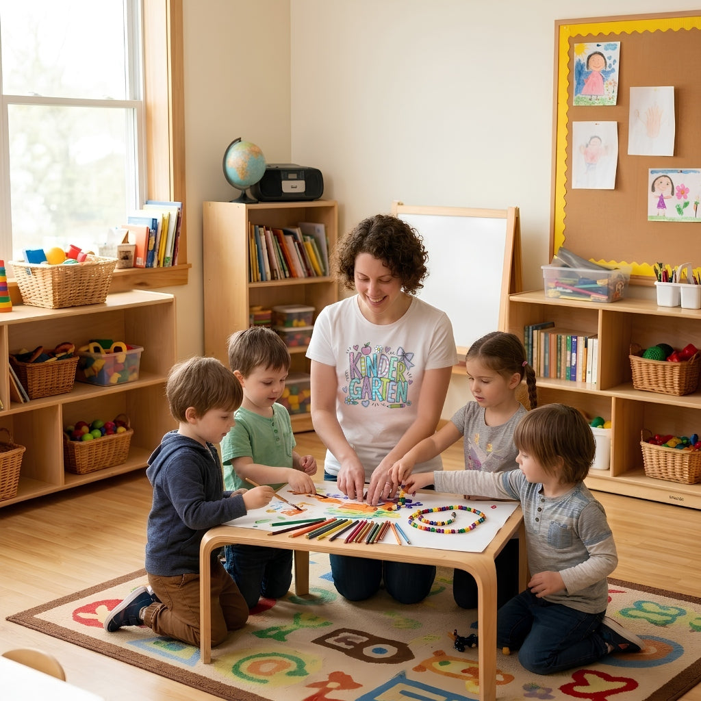 Kindergarten teacher playing with young students at a classroom activity table, wearing a graphic tee