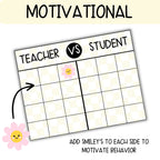 A motivational classroom behavior chart titled 'MOTIVATIONAL' with a grid labeled 'TEACHER VS STUDENT.' The chart has a cream-and-white checkered background, black text and lines, and a small smiling flower icon placed in one cell.