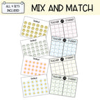 A set of printable matching game cards titled 'MIX AND MATCH' with 'ALL 4 SETS INCLUDED' in the top left. The cards include smiley face patterns in yellow, pink, orange, and white, as well as 'TEACHER VS STUDENT' grids with pastel pink, blue, and green borders.