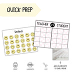 A product preview graphic for a quick prep set featuring printable smiley face and teacher vs student tracking sheets, with icons for print, laminate, cut, and adding velcro dots.