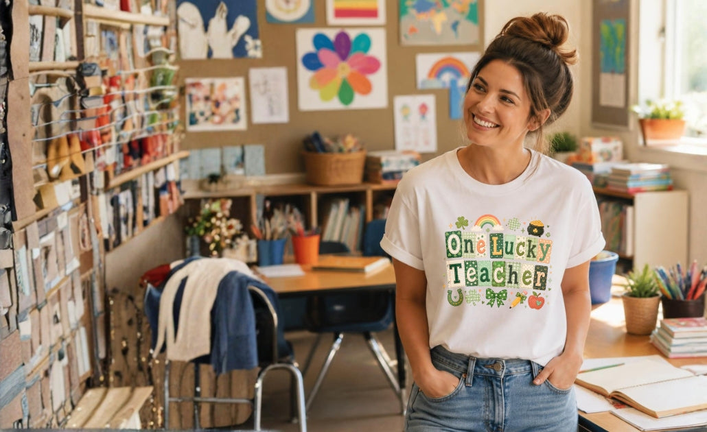 Kindergarten teacher wearing a "One Lucky Teacher" graphic t-shirt in a colorful classroom
