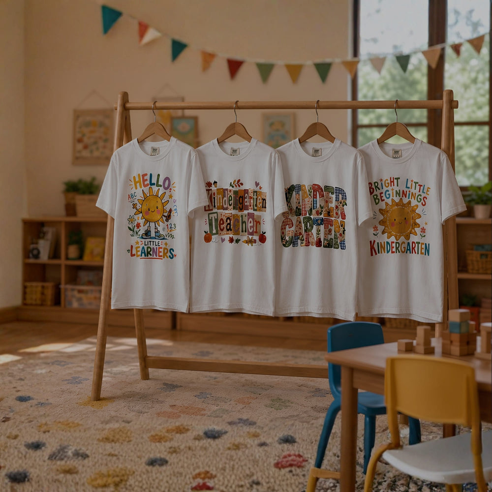 New arrival kindergarten teacher t-shirts hanging on display in a classroom setting