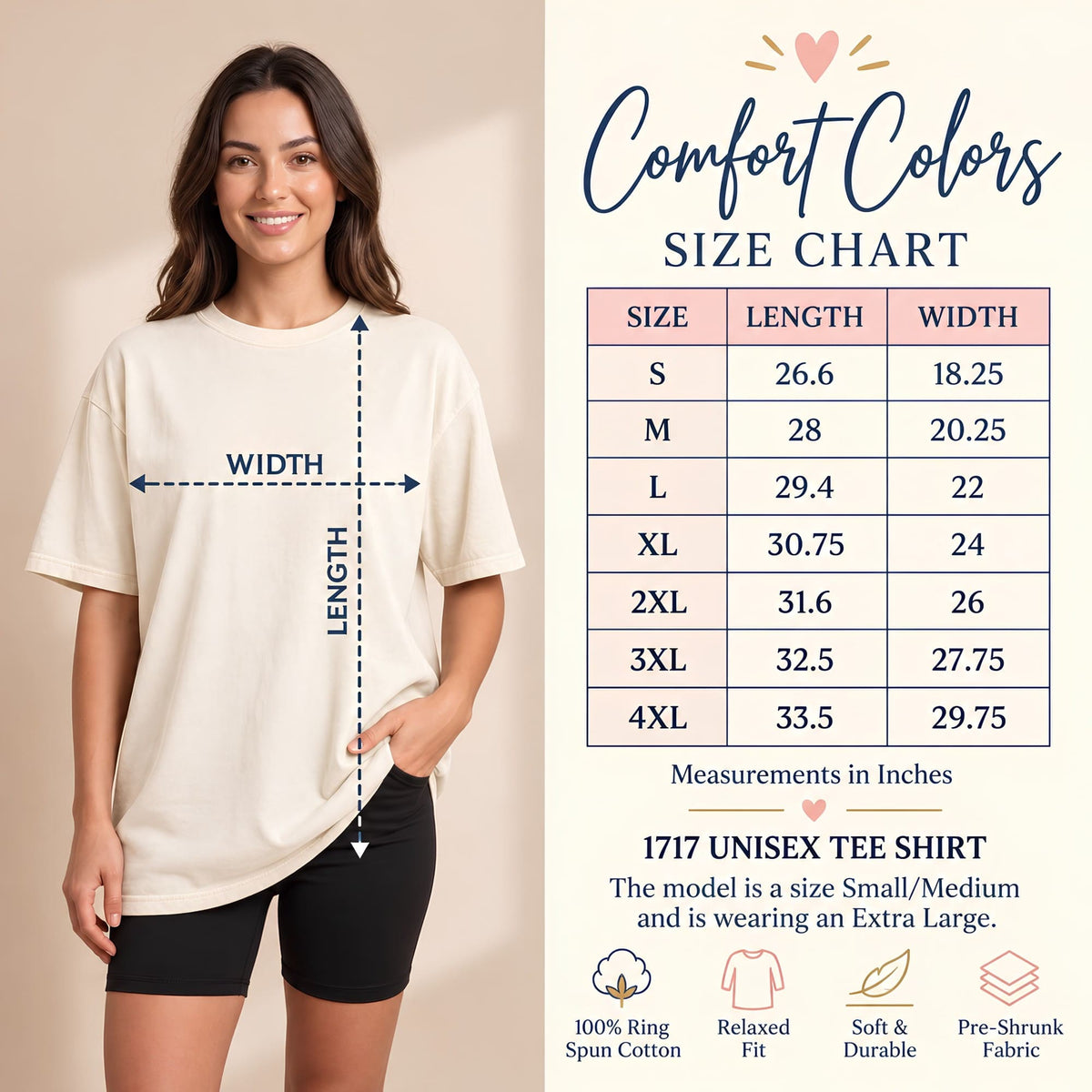 The image is a size chart for a 1717 unisex tee shirt, providing measurements in inches and displaying the shirt's dimensions.