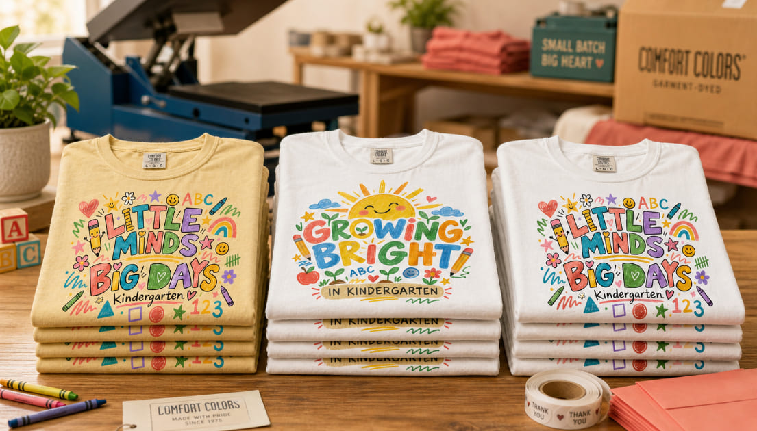 Folded kindergarten-themed graphic t-shirts in a small-batch print production workspace, with a heat press and packaging supplies in the background