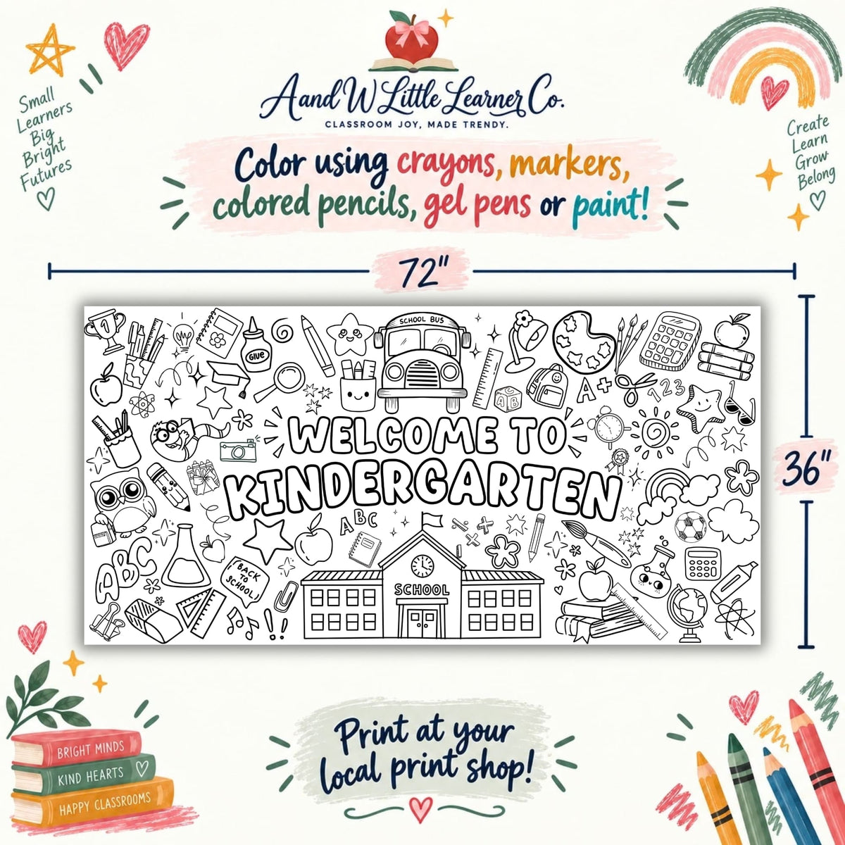 Welcome to Kindergarten giant coloring banner template, 72" width with crayons and pencils