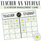 Teacher vs Student Classroom Management Game printable graphic featuring a 6x6 grid with daisy icons and decorative text on a white background.