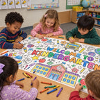 Five children sitting around a table in a classroom, drawing and coloring on a large white poster that reads 'Welcome to Kindergarten' with school-themed illustrations.